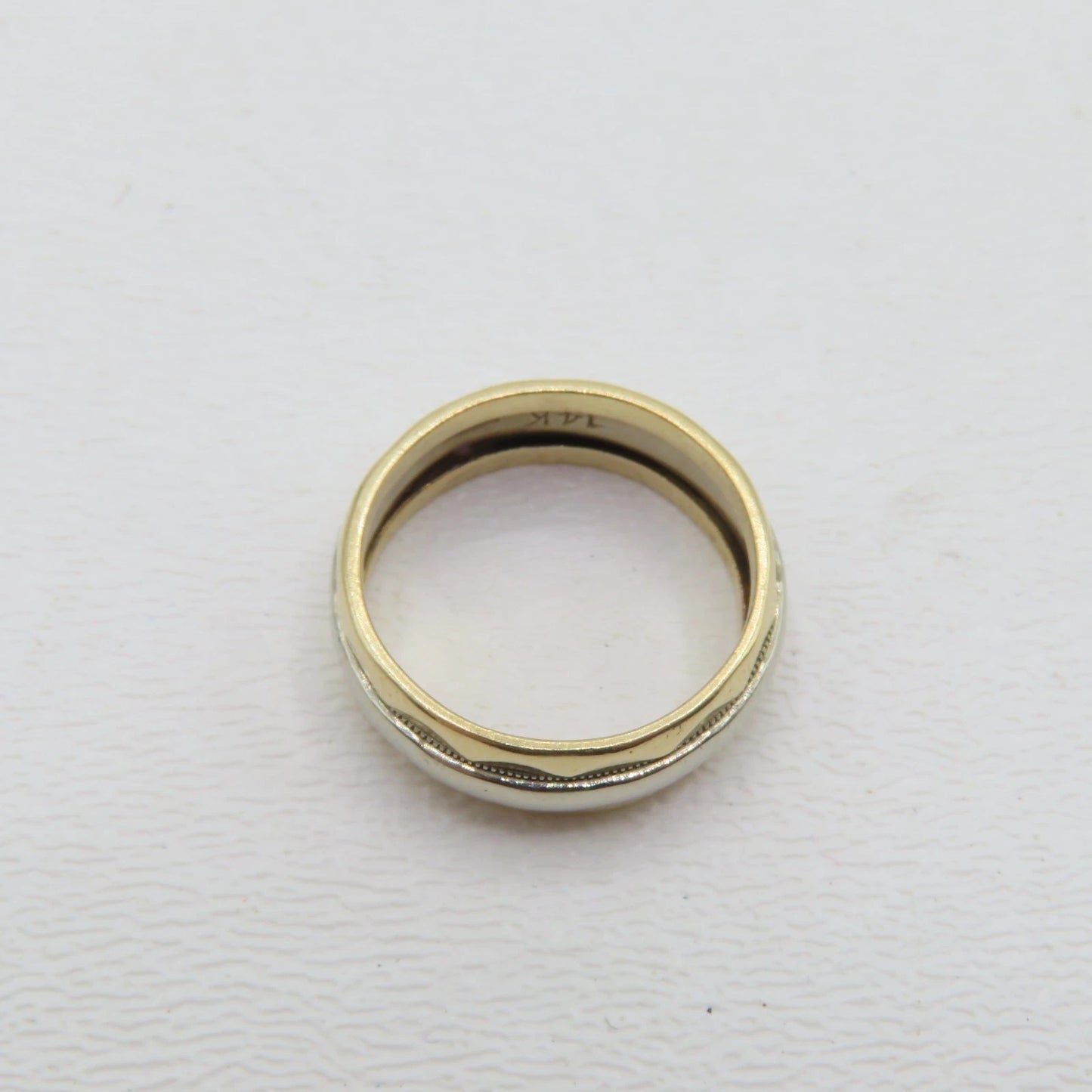 14K Two Tone White Yellow Gold Band 6.5mm Ring Size 5.25 Patterned Carved 4.2g