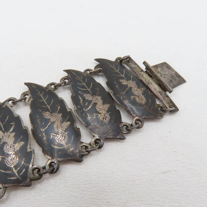 Vintage Siam Sterling Silver 925 Niello Dancer Leaf Panel Bracelet 6-1/2" 32.3g