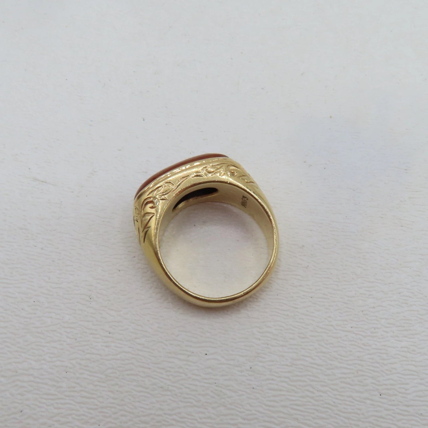 14K Yellow Gold Red Jade Stone Ring Size 8 Patterned Filigree 7.7g MINGS