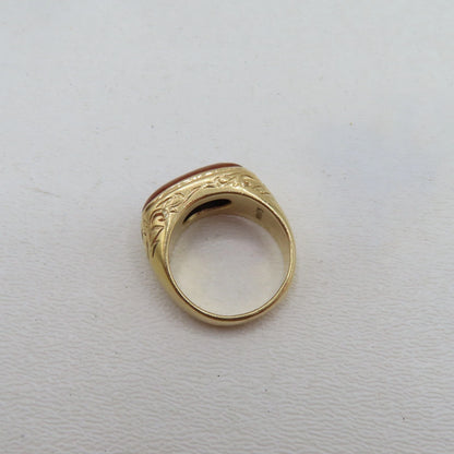 14K Yellow Gold Red Jade Stone Ring Size 8 Patterned Filigree 7.7g MINGS