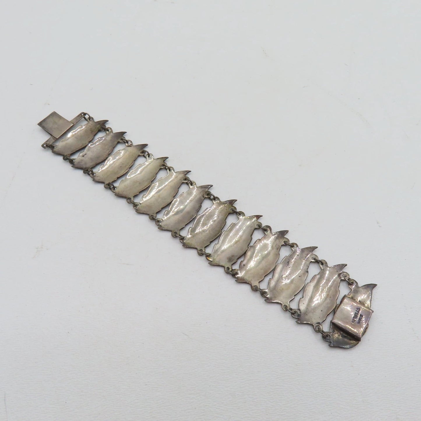 Vintage Siam Sterling Silver 925 Niello Dancer Leaf Panel Bracelet 6-1/2" 32.3g