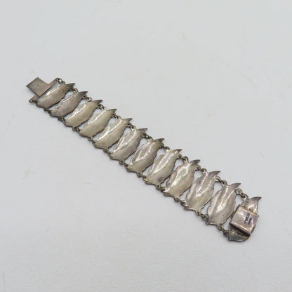 Vintage Siam Sterling Silver 925 Niello Dancer Leaf Panel Bracelet 6-1/2" 32.3g