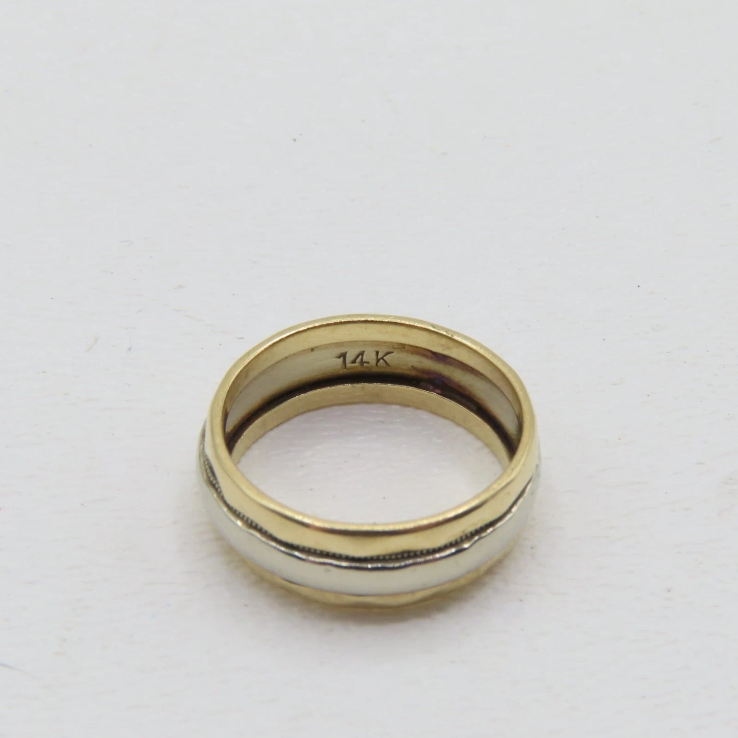 14K Two Tone White Yellow Gold Band 6.5mm Ring Size 5.25 Patterned Carved 4.2g