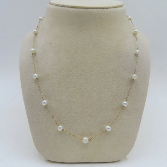 10K Yellow Gold Pearl Station Necklace 18" 6mm 4.4g Oval Link Spring Clasp