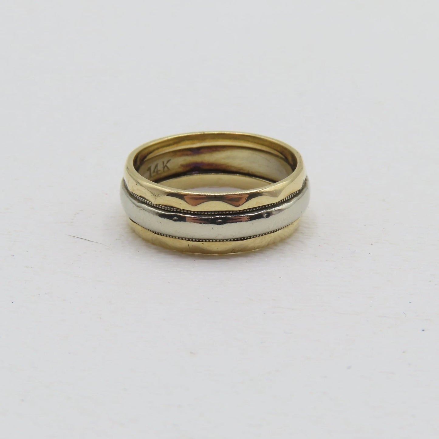 14K Two Tone White Yellow Gold Band 6.5mm Ring Size 5.25 Patterned Carved 4.2g