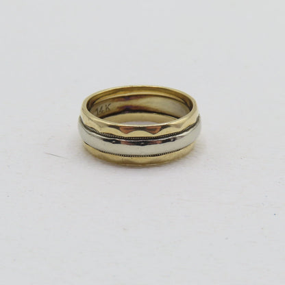14K Two Tone White Yellow Gold Band 6.5mm Ring Size 5.25 Patterned Carved 4.2g