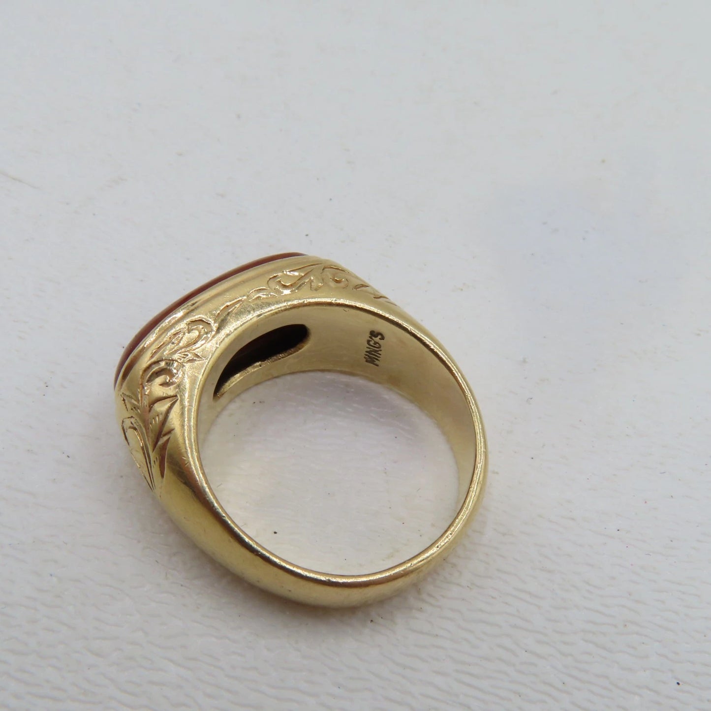 14K Yellow Gold Red Jade Stone Ring Size 8 Patterned Filigree 7.7g MINGS