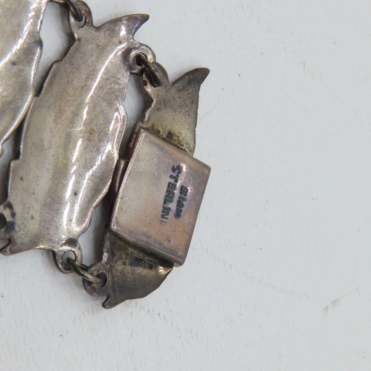 Vintage Siam Sterling Silver 925 Niello Dancer Leaf Panel Bracelet 6-1/2" 32.3g