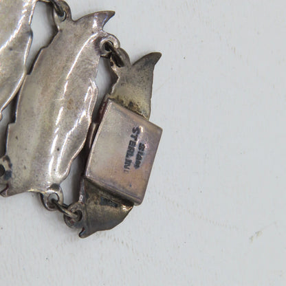 Vintage Siam Sterling Silver 925 Niello Dancer Leaf Panel Bracelet 6-1/2" 32.3g