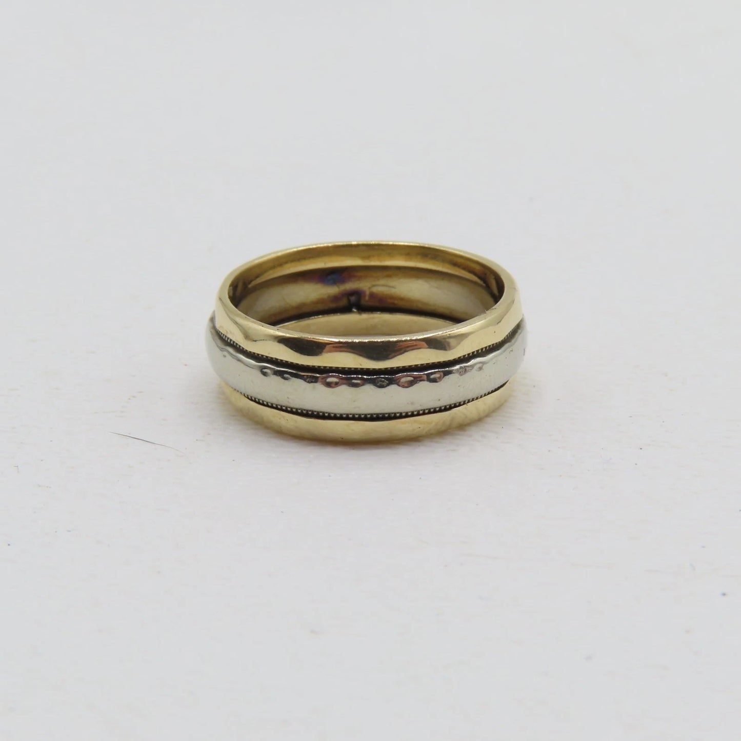 14K Two Tone White Yellow Gold Band 6.5mm Ring Size 5.25 Patterned Carved 4.2g