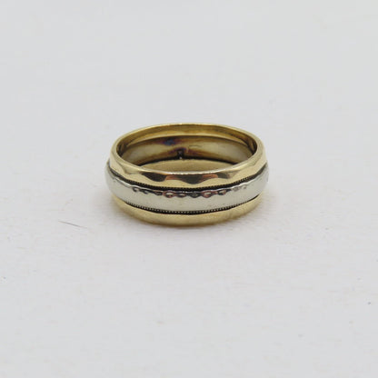 14K Two Tone White Yellow Gold Band 6.5mm Ring Size 5.25 Patterned Carved 4.2g