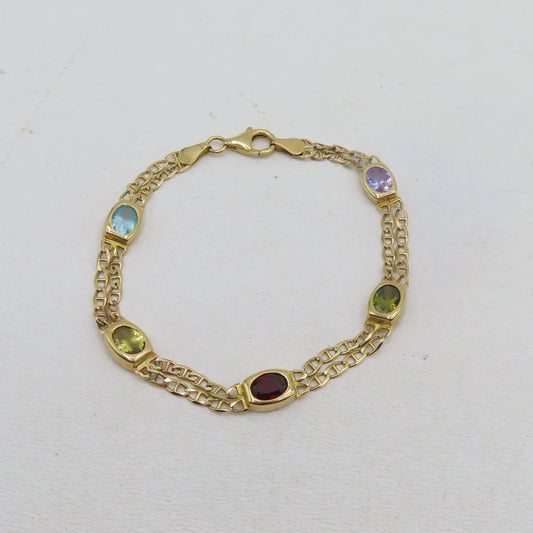 14K Yellow Gold Double Mariner Multi Gemstone Bracelet 7-3/4" 7.5mm 9g